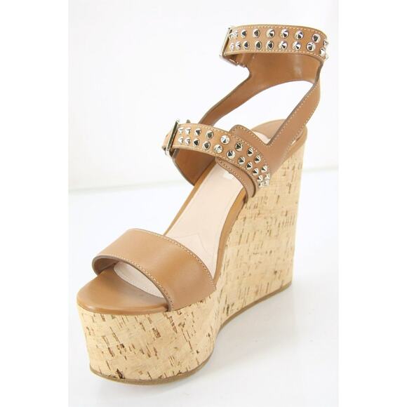 Miu Miu Brown Leather Studded Platform Wedge Sandals - Picture 1 of 12